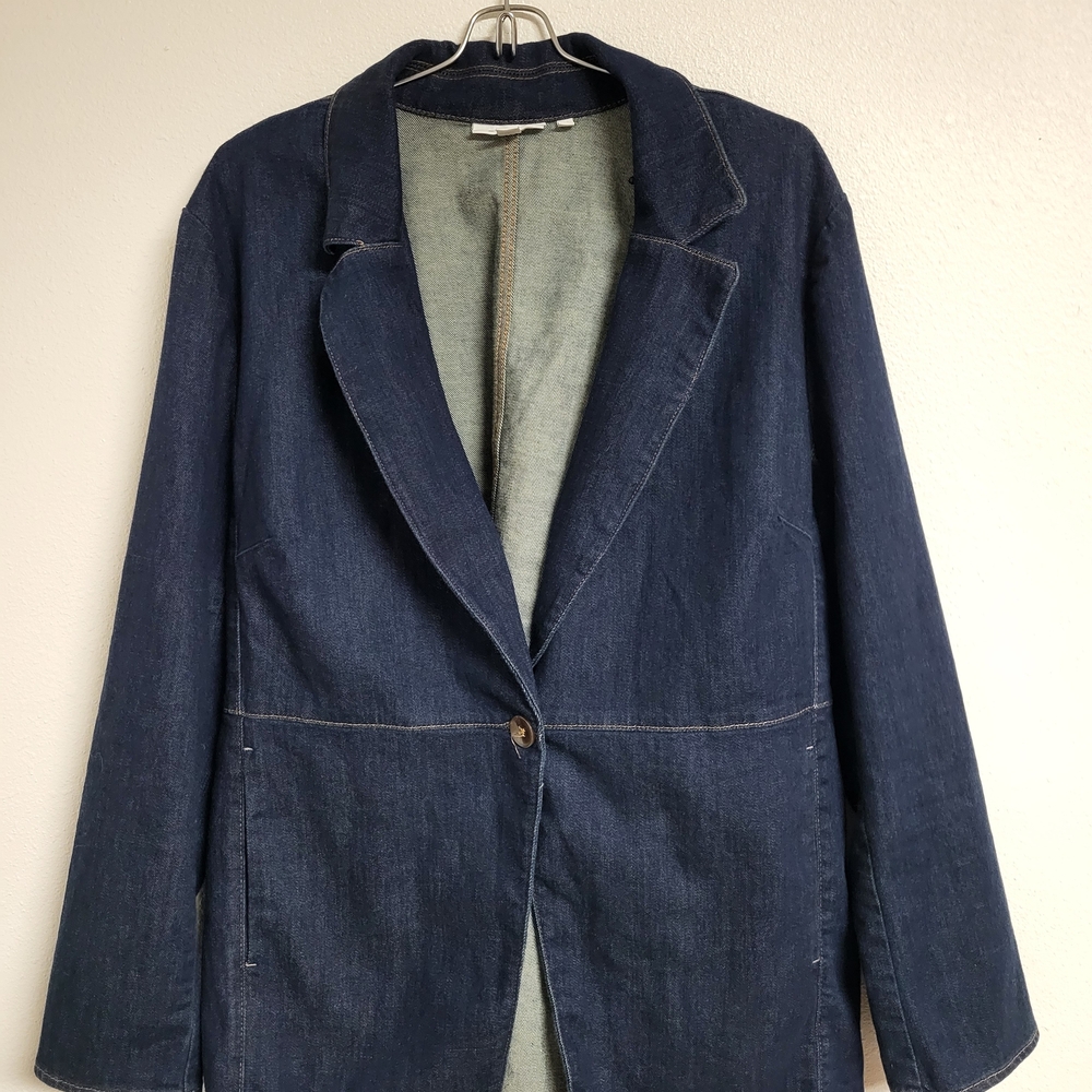 Chico's Dark Blue One Button Jean Jacket, Casual Workwear, Classic